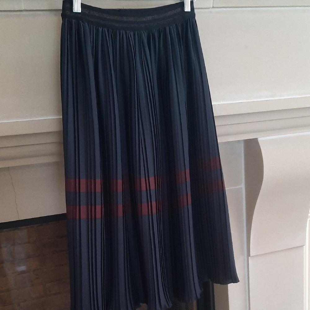 Zara Navy and Burgandy Striped Midi Skirt